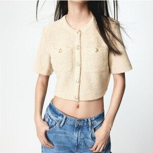 H&M SHORT SLEEVED BOUCLE CARDIGAN TOP CREAM SIZE SMALL